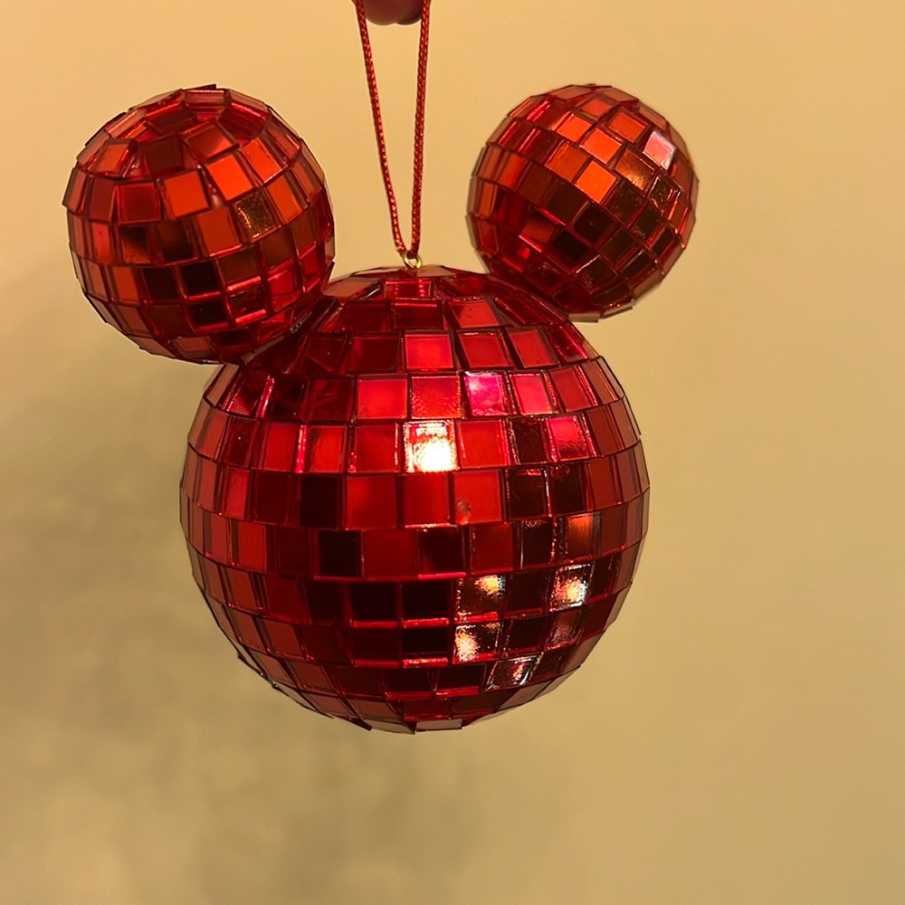 DISNEY MICKEY MOUSE ORNAMENT Red Disco Ball Mickey Ears •VINTAGE